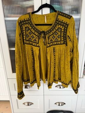 Free People boho Gold Embellished Long Sleeve tassel tie jacket